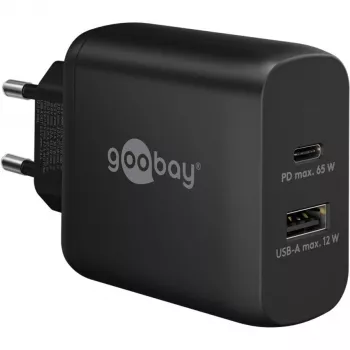 USB-C Dual-Fast Charger, PD, GaN, 65 Watt (black, 1x USB-C, 1x USB-A, Power Delivery)