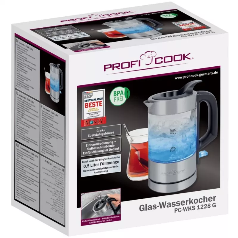 ProfiCook PC-WKS 1228 G electric kettle 0.5 L 1100 W Stainless steel, Transparent