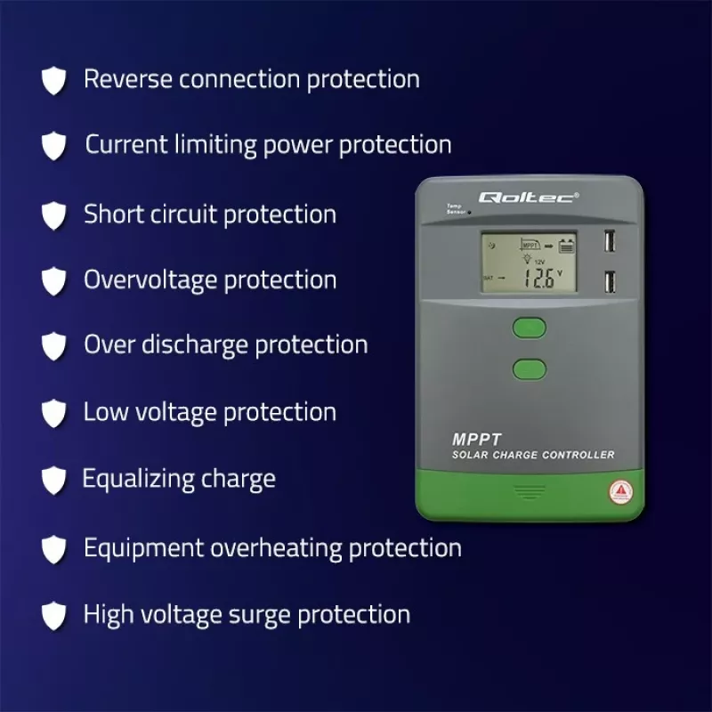 MPPT Solar Charge Controller QOLTEC 53662 with Temperature Sensor