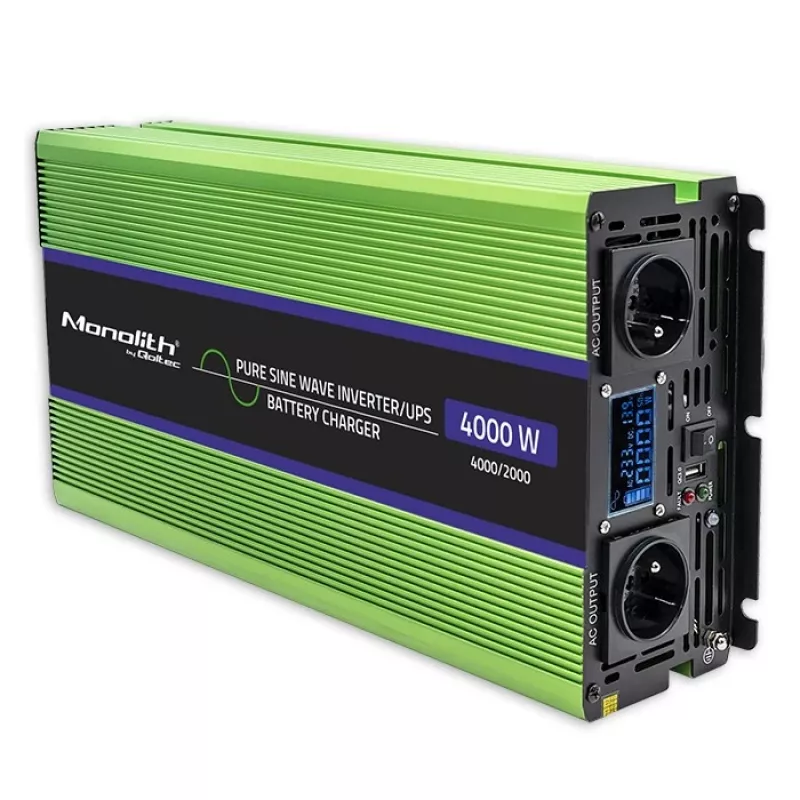 Qoltec Monolith Voltage Converter | Charging the battery | UPS | 2000W | 4000W |12V to 230V |Pure Sine | LCD black-green