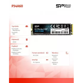 M.2 NVMe SSD Silicon Power P34A60 256GB — PCIe Gen3x4, 2200/1600 MB/s, M.2 2280