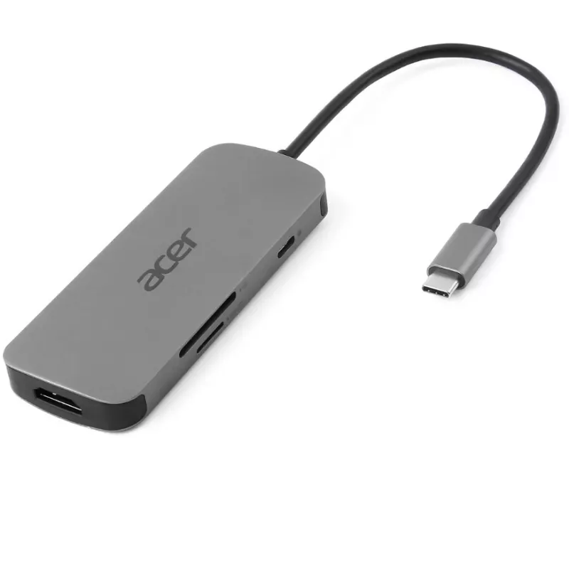 7‑in‑1 USB‑C Dongle Acer — USB 3.2 Gen 1 Type‑C, 3x USB‑A, HDMI, SD/MicroSD, 100W PD, Silver