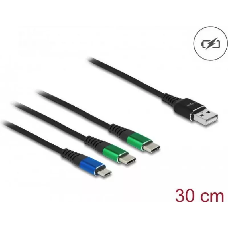 DeLOCK USB Charging Cable 3 in 1 Type-A to Micro USB / 2 x USB Type-C 30 cm