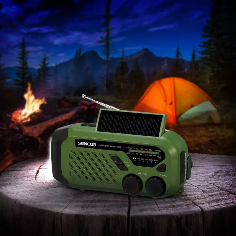 Portable FM/AM Radio SENCOR SRD1000SCLGR with Bluetooth, solar/hand-crank/USB-C charging, 2000mAh battery, IPX4, LED lights