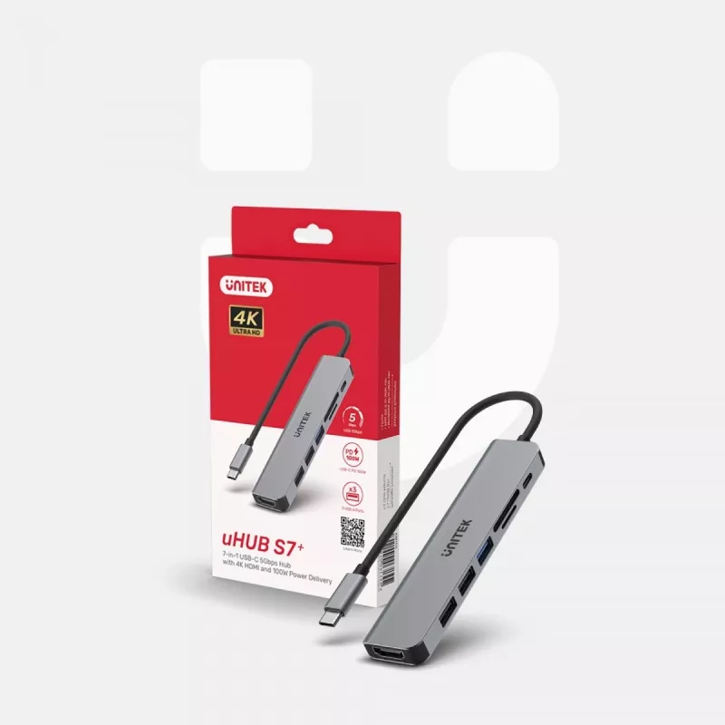 USB-C Hub Unitek 7in1 Aluminium PD 100W 5 Gbps — multiport adapter with Power Delivery
