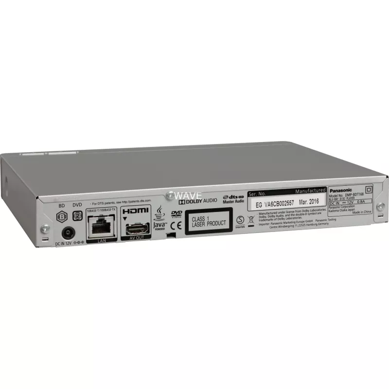 Panasonic Blu-ray Disc Player DMP-BDT168EG DVD-Video, MP3, WMA, JPEG, WAV, XviD, AAC, AVCHD, MKV, CD-DA, FLAC, MPO, BD-MV, ALAC USB connectivity