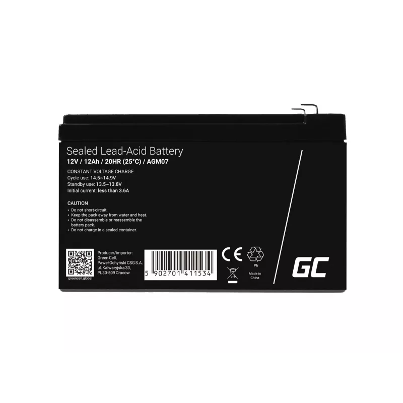 AGM battery Green Cell 12V 12Ah – Sealed Lead Acid (VRLA), 151×98×95 mm, 3.3 kg