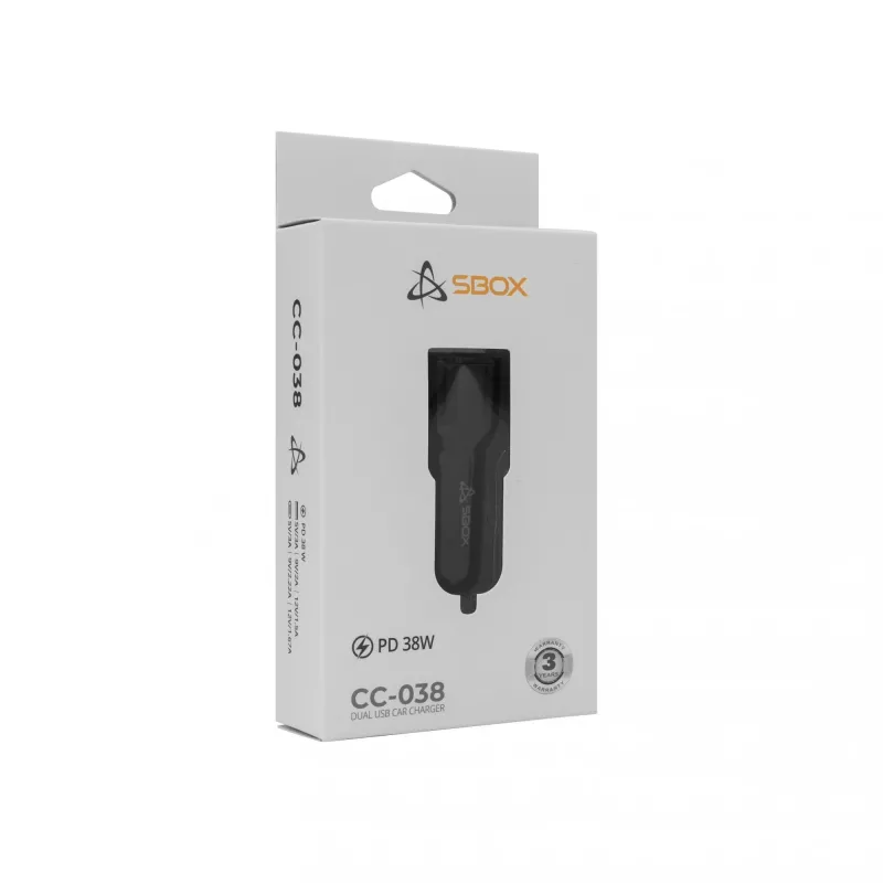 Car charger SBOX CC-038 38W Black — dual-port USB power adapter for vehicle