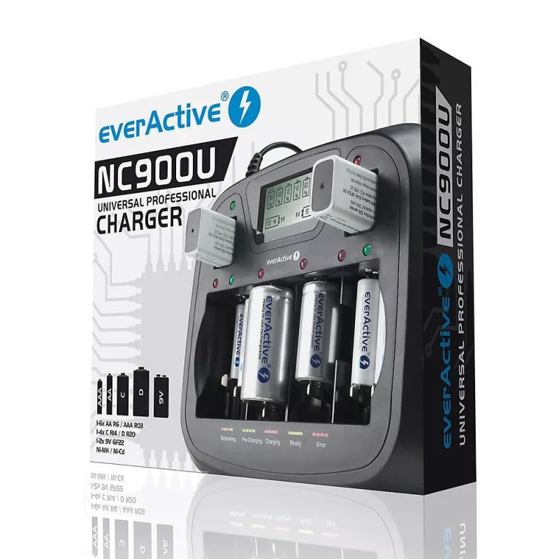 Battery charger everActive NC-900U Universal DC — charges AA, AAA, C, D, 9V, up to 6 cells, black