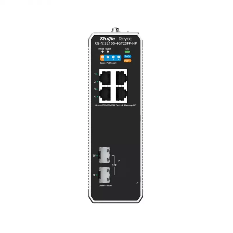 Managed L2 network switch RUIJIE RG-NIS2100-4GT2SFP-HP — 4× Gigabit RJ45, 2× SFP, PoE++ (180 W), rack/wall/DIN mountable