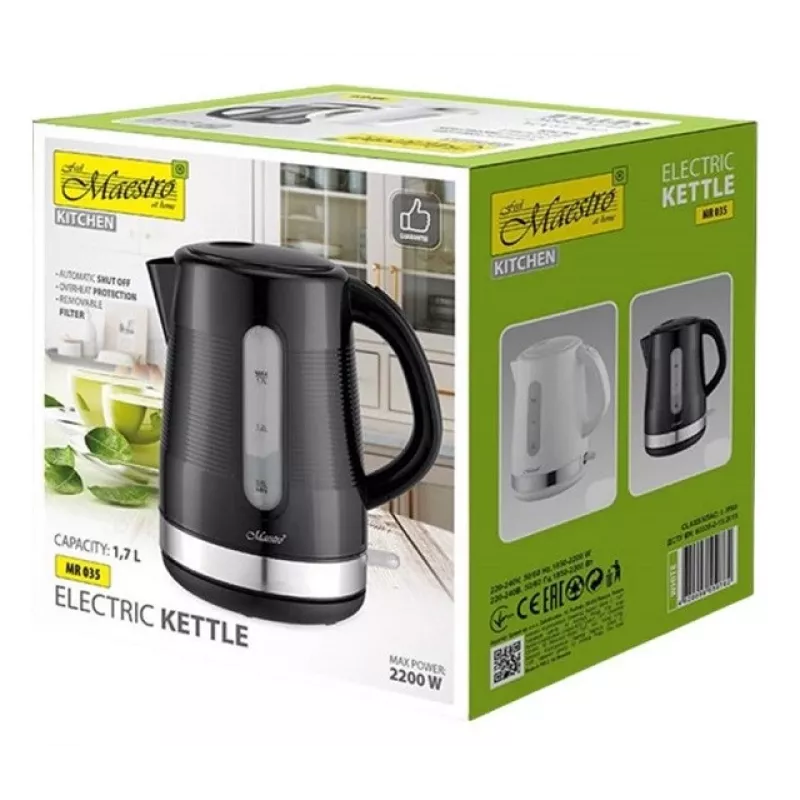 Electric kettle Maestro 1.7 L 2200 W Black — plastic housing, button lid, ergonomic grip