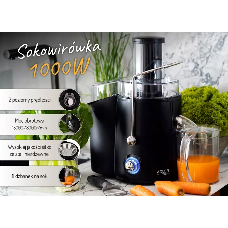 Centrifugal juicer Adler AD 4127 — 1000 W, black, juice container, 3.9 kg