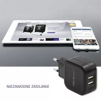 AC Indoor Charger QOLTEC 50186 for Smartphone and Tablet, 5 V 3.4 A, 17 W, 2× USB, Black