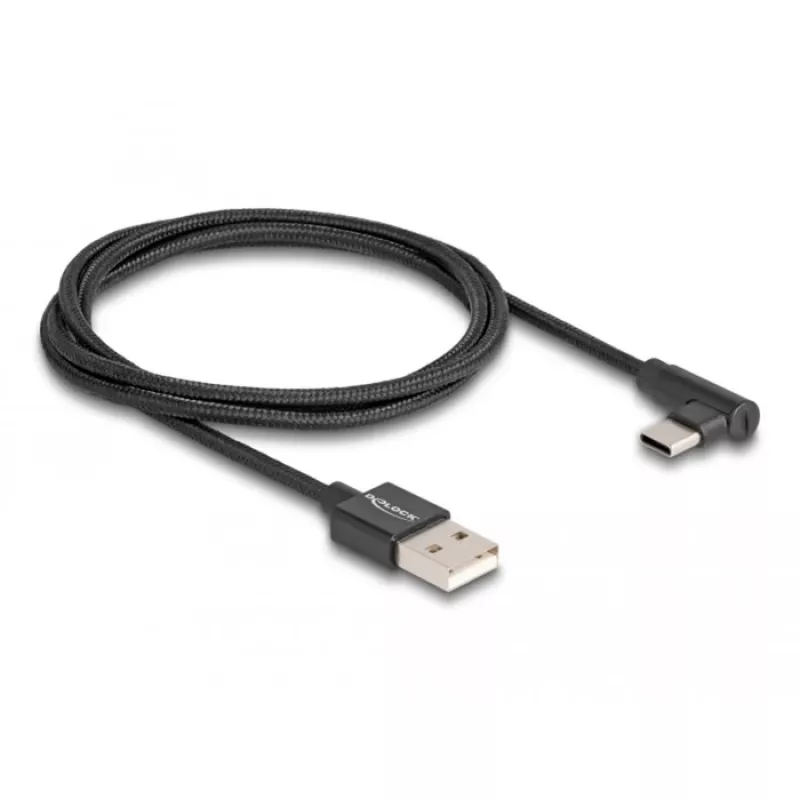 USB 2.0 Cable, USB-A Plug > USB-C Plug (black, 1 Meter, Sleeved, 90° Angled)