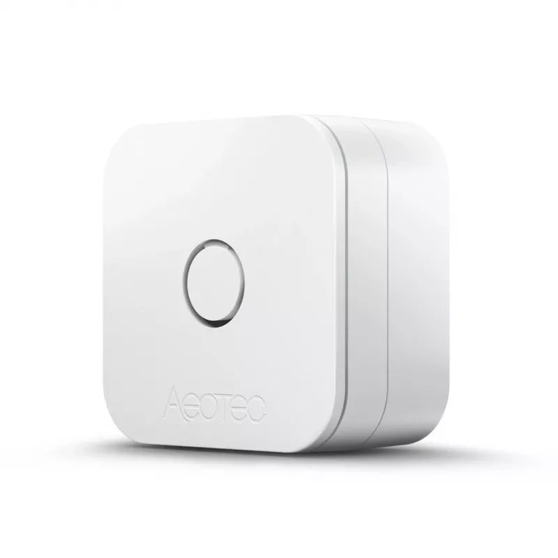 Indoor temperature and humidity sensor AEOTEC AEOEZWA039 — freestanding, battery-powered, 34×34×17 mm