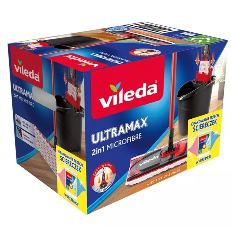 Floor mop VILEDA Ultramax BOX 177453 with refillable microfiber head, wringer bucket, 3 washable wipes, black
