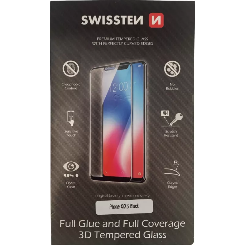 Tempered 3D Full-Glue Screen Protector SWISSTEN for iPhone X/XS — black, full-coverage glass