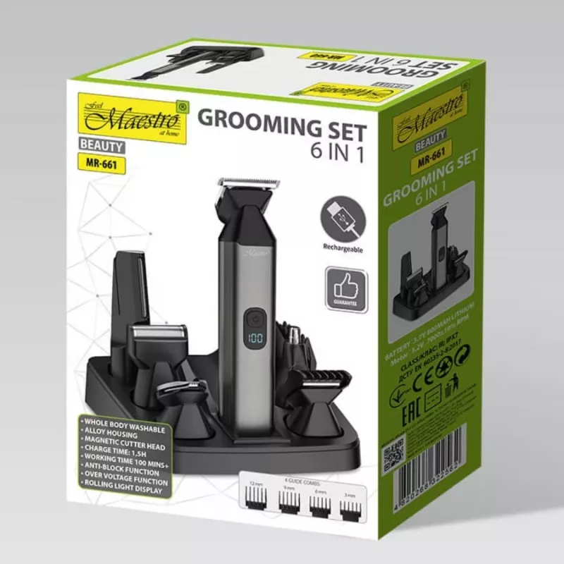 Haircutting set Maestro MR-661 6-in-1 — black, multi-function grooming kit