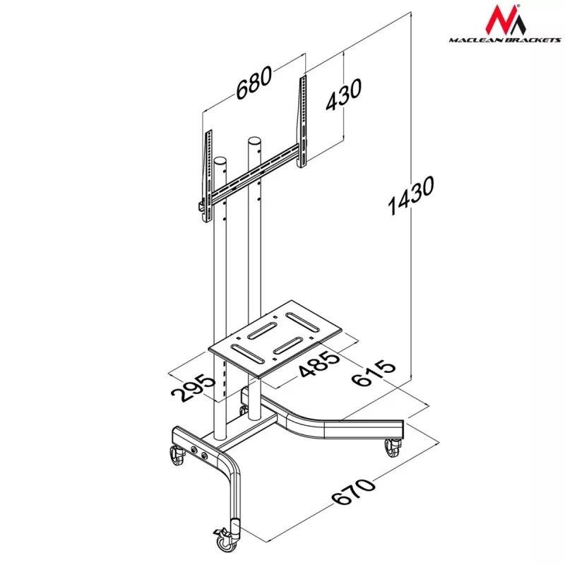 Maclean MC-739 professional TV trolley stand on wheels, 32-65 inch (165.1 cm), max 40 kg, VESA up to 400x600, Black
