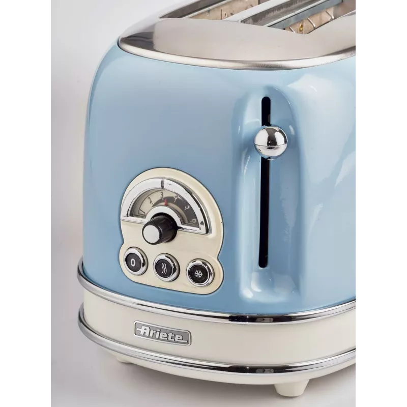 Ariete 155 Design 2 Slice Toaster with Sandwich Cages, 6 Toasting Levels, 810 W, Stainless Steel Body, Removable Crumb Tray, Pastel Blue
