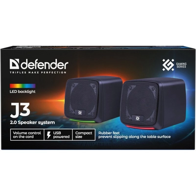 PC speakers DEFENDER J3 2.0 6W LED USB, 2×3W RMS, 90–20000 Hz, 3.5 mm, black