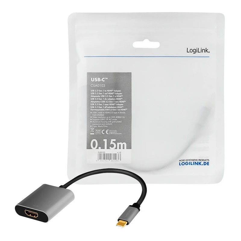 LogiLink CUA0103 USB 3.2 Gen1 Type-C to HDMI-A Cable 0.15m Black Grey
