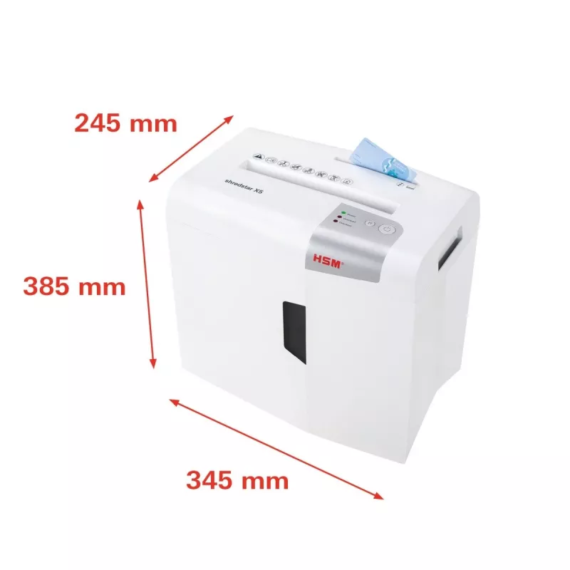 Paper shredder HSM X5 particle-cut P-4, 22 cm working width, 4.5 mm particles, 5-sheet capacity, 18 L bin