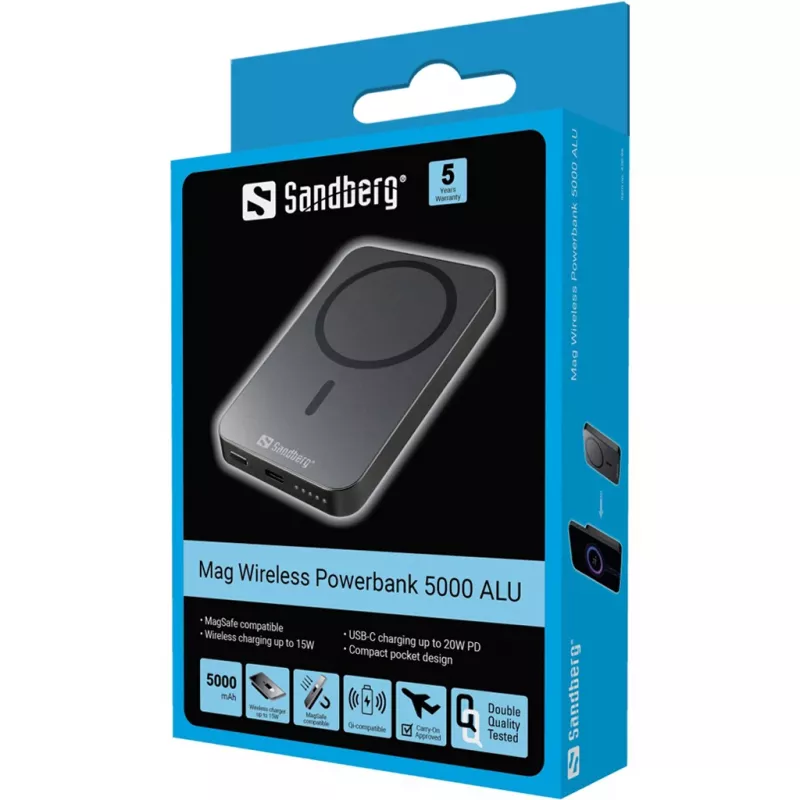 Portable Power Bank Sandberg Mag Wireless Powerbank 5000 ALU, 5000 mAh