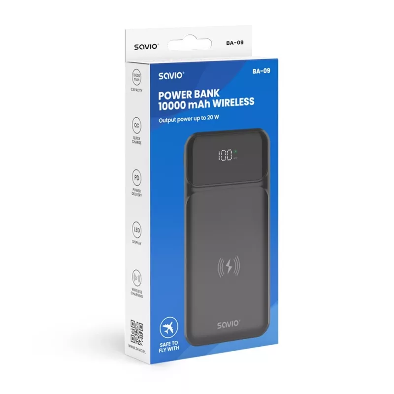 Savio BA-09 Wireless Power Bank, 10000 mAh, Black