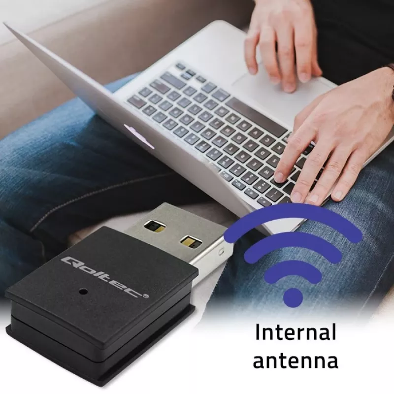 Wireless Mini USB Wi‑Fi Adapter QOLTEC 57007 — Single‑band 2.4 GHz, up to 150 Mbps, internal antenna