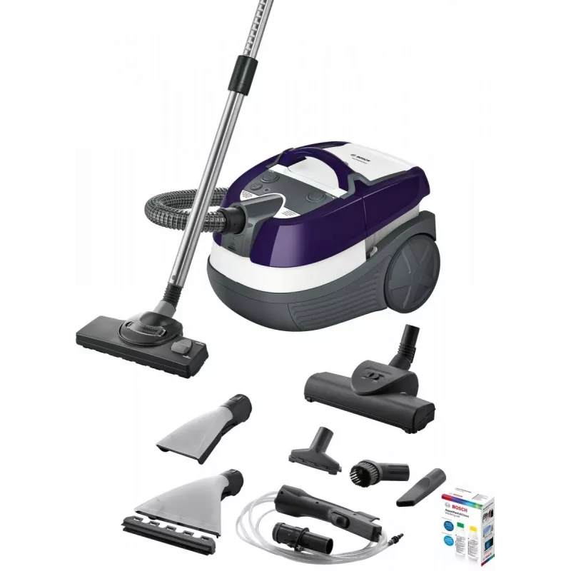 Wet & dry vacuum cleaner Bosch BWD 41740 AquaWash&Clean — 1700 W, 5 L tank, EPA filter, telescopic tube, 9 m radius, purple