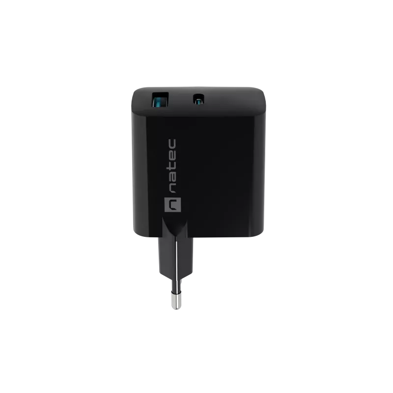 Wired Mobile Device Charger NATEC NUC-2143, 45W, USB-C PD 3.0 + USB-A QC 3.0, 110–240V, Black
