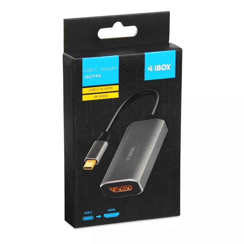 IBOX USB-C to HDMI adapter cable, model IACFAK, USB-C (male) to HDMI (female), 4K 60Hz, straight connectors, silver