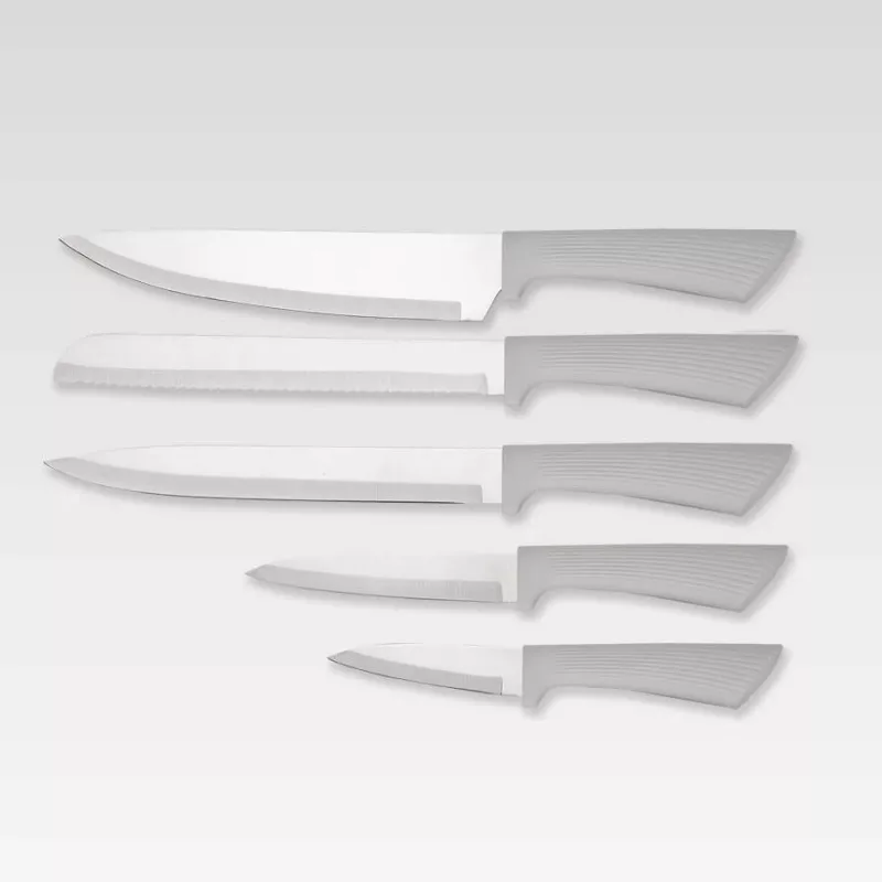 Knife/cutlery block set Maestro MR-1413-GREY — 8-piece stainless steel blades, grey handles, includes chef, bread, slicing, paring, universal knives, peeler, cutting board, paper towel holder