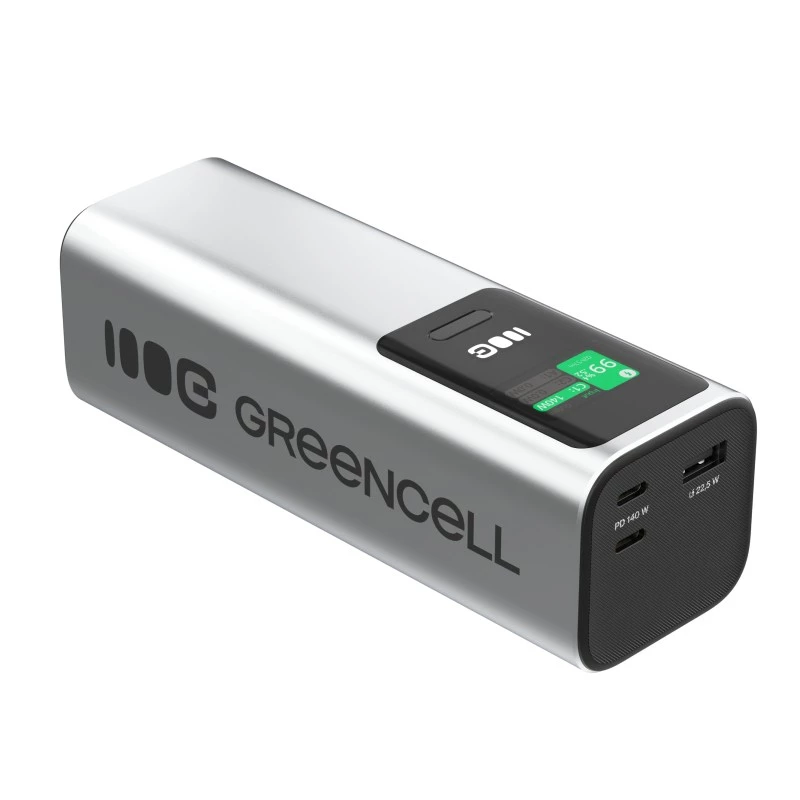 Portable battery Green Cell PBGC25UD, 25200 mAh, Li‑Ion, 140 W total, 2× USB‑C + 1× USB‑A, OLED display, aluminium housing
