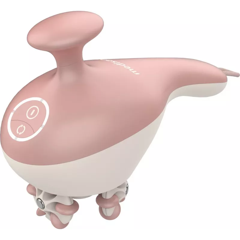 Handheld rolling massager Medisana AC 950 — cordless Li‑Ion, 2 power levels, ergonomic handles, 381 g, rose gold/white