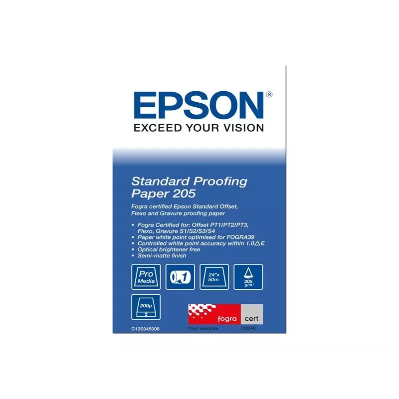 Epson Standard Proofing Paper, 24 inch x 50m, 205g/m², 50 m, 61 cm, 61 cm (24 inch), Semi-matt, 200 µm, 205 g/m²