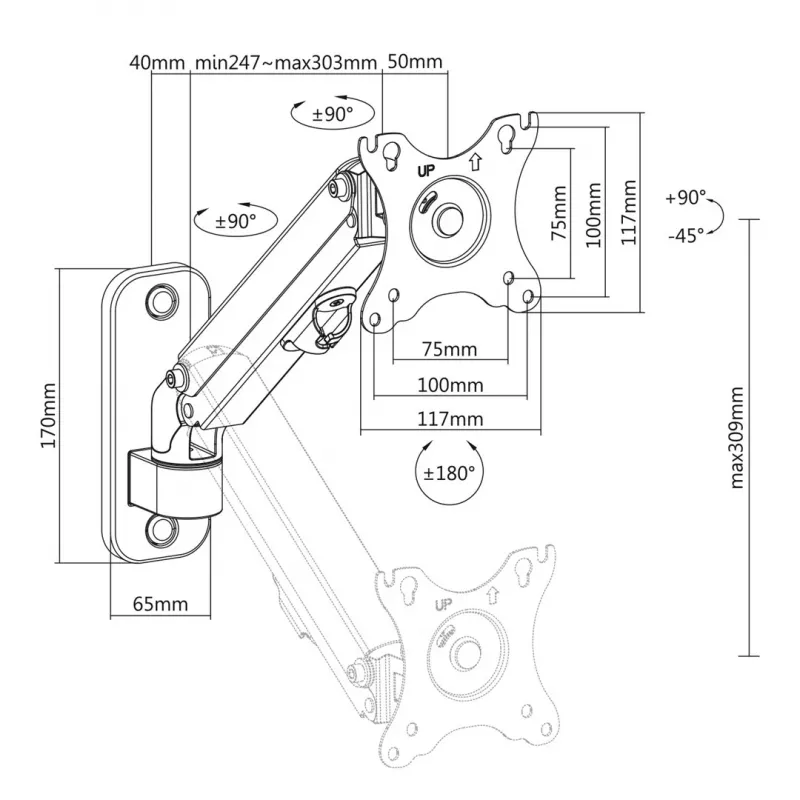 Maclean MC-458 wall monitor mount, gas spring, height adjustable, 17-27 inch, up to 7 kg, VESA 75x75/100x100, black