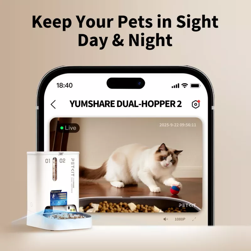 Automatic Pet Feeder PETKIT YumShare Dual-hopper 2 with Camera, 5 L Capacity, ABS and 304 Stainless Steel, White