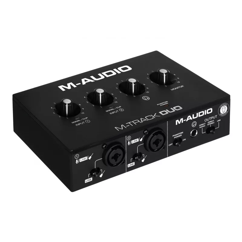 Audio interface M-Audio M-Track Duo — USB 2-in/2-out, 16-bit/48 kHz, 1x XLR/TS combo, 1x instrument input, phantom 48V