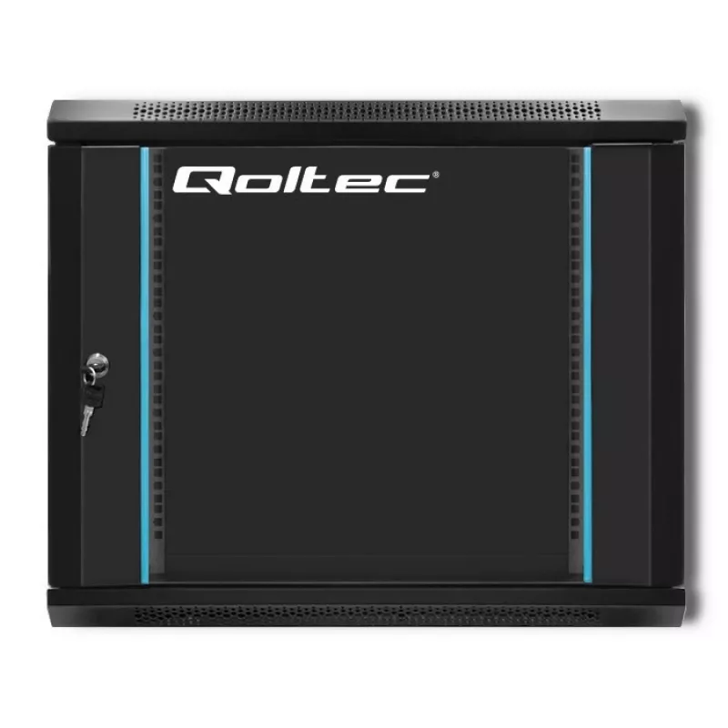 Qoltec 54463 19-Inch Rack Cabinet 9U 600x500x450 mm Wall-Mount Steel Enclosure with Glass Door, Black