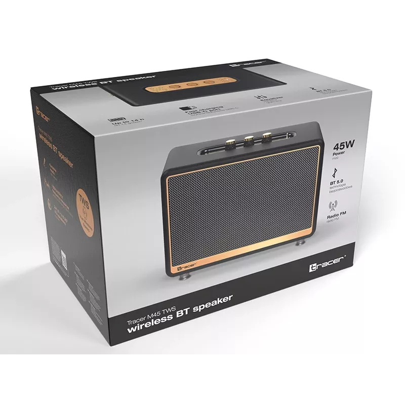 Portable stereo speaker TRACER M45 Black — Bluetooth 5.0, 45 W RMS, FM radio, built-in mic, battery-powered
