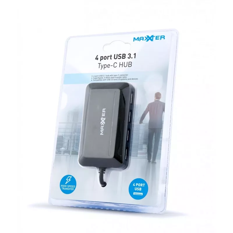 USB hub GEMBIRD ACT-HUB3C-4P — USB 3.2 Gen 1 Type-A host to 4 × USB 3.2 Gen 1 Type-C, 5000 Mbit/s, black