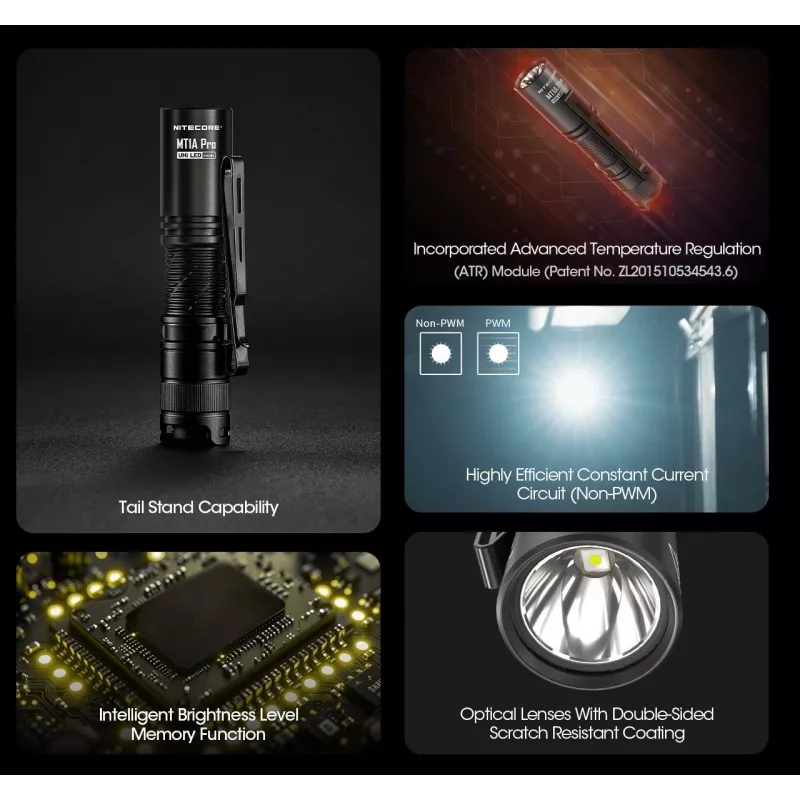 Hand flashlight Nitecore MT1A Pro — LED 50 lm, USB rechargeable, 1100 mAh, aluminum, waterproof, shockproof, black