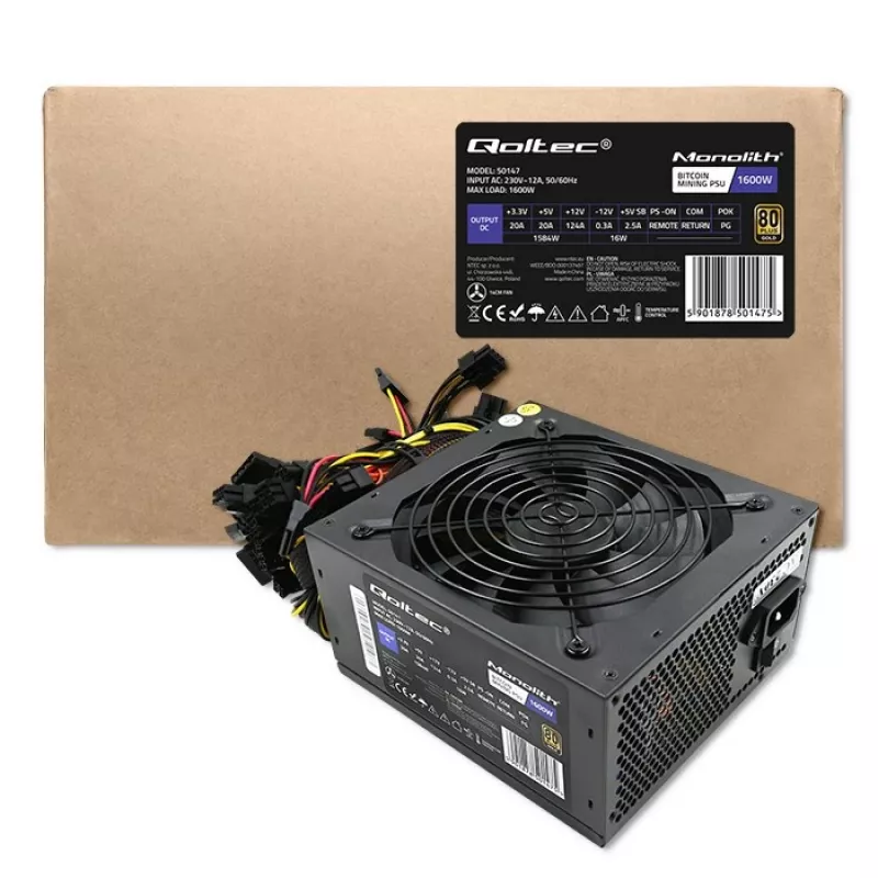 Power supply QOLTEC Gaming Miner 1600W Gold, 1600 W, ATX, Gold efficiency