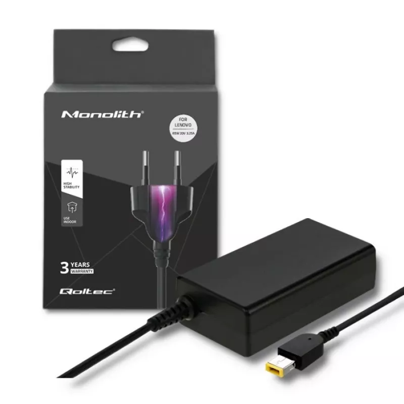 Power adapter QOLTEC 51556 indoor 65W for Lenovo laptops, 20V 3.25A, black