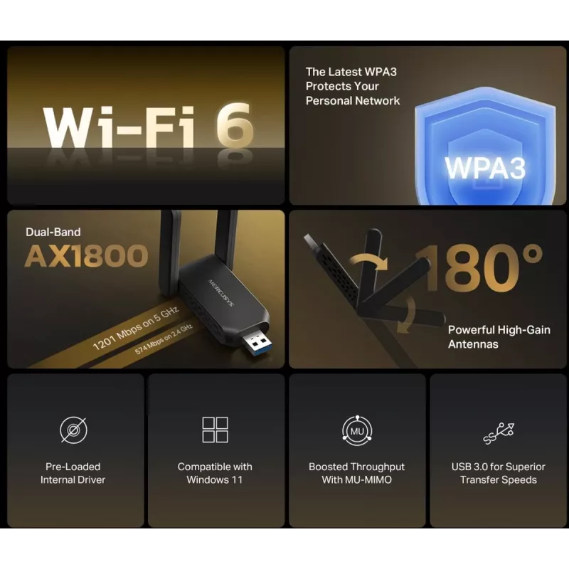 Wi‑Fi USB Adapter MERCUSYS MA72XH AX1800 with High‑Gain Antennas, USB-A Plug‑and‑Play