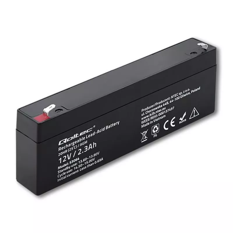 Sealed AGM battery QOLTEC 12V 2.3Ah for UPS and backup systems, max discharge 34.5A