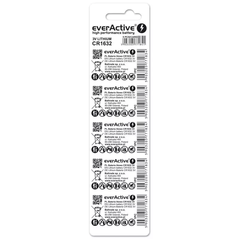 Battery everActive CR1632 lithium single‑use button 3 V — 5 pcs, 16 mm × 3.2 mm
