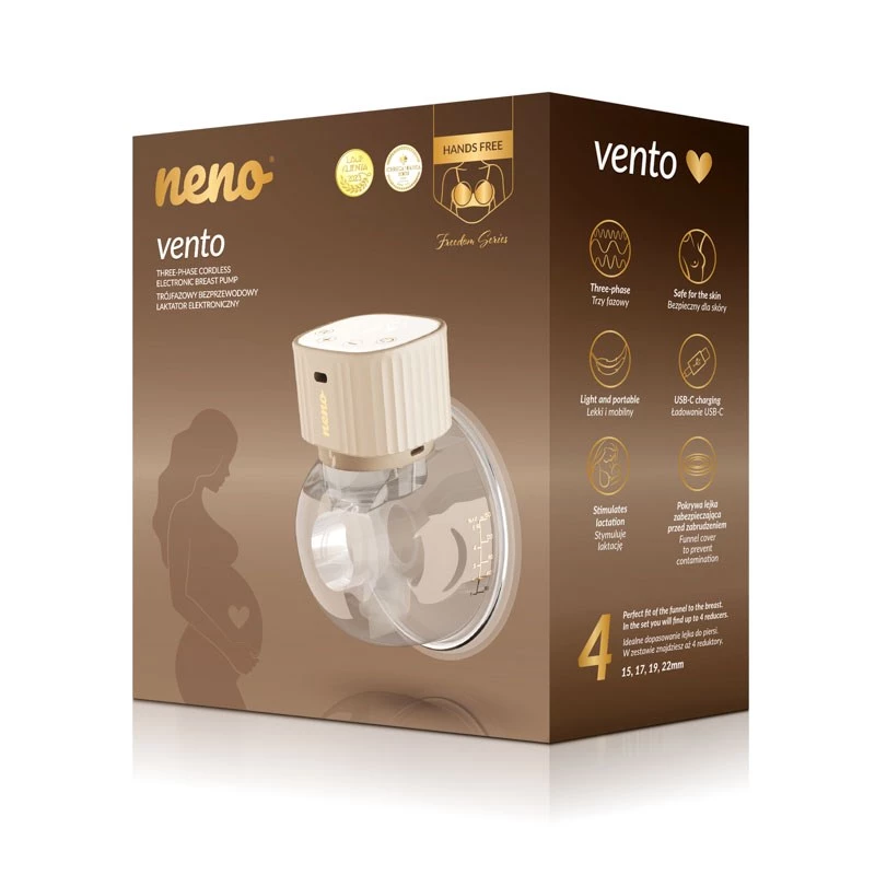 Electronic cordless breast pump neno VENTO Three-Phase, rechargeable, portable, LCD display, 150 ml bottle, BPA-free, beige